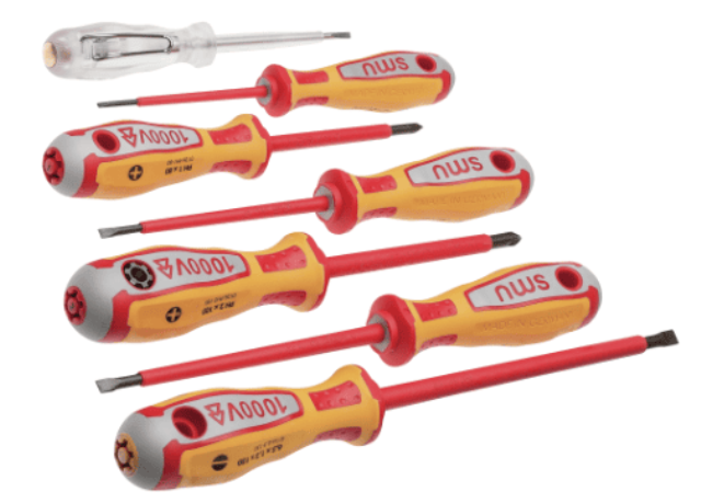Set VDE odvijača 1000V, 8/1 – ergonomske višekomponentne drške, anti-roll; Cr-Mo-V sečiva s black tipom, ubrizgana izolacija IEC 60900; ležište za bit  NWS