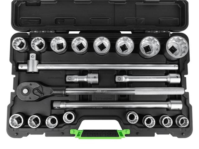 "Ključevi nasadni 19-50 mm prihvat 3/4"" 12-ugaoni sa ručicom 3/4"" i nastavcima u plastičnoj kutiji 21 deo JBM"