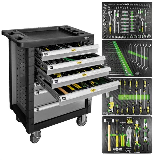 Kolica siva za alat sa 7 fioka i garniturom alata u penastim modulima JBM