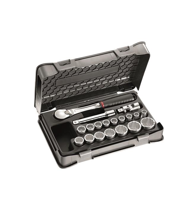 Ključevi nasadni 10-32 mm sa pihvatom i nastavcima i reverzibilnom zalivenom ručicom sa 72 zuba u garnituri 19/1 605 1/2” B USAG