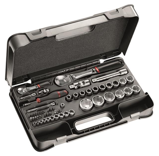 "Ključevi nasadni sa prihvatom na 1/2""  i 1/4""  sa ručicama reverzibilnim, nastavcima, produžecima i bitovima u plastičnoj kutiji 56/1 607  EB USAG"