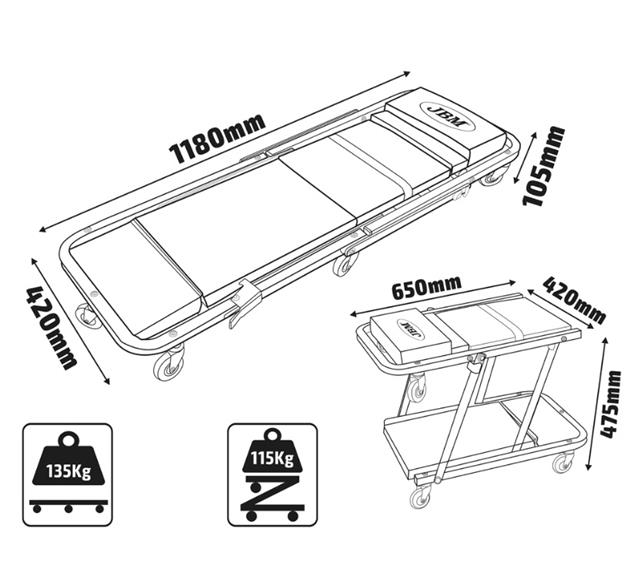 Ležaljka automehaničarska, sklopiva, dimenzije 1180mm x 420mm x 105mm / 650x420x475mm tapacirana JBM