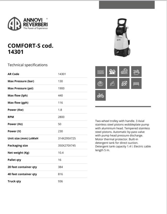 Mašina za pranje pod visokim pritiskom 1,7 kW 130 bara 440l/h COMFORT-S EM 220-240V/50-60Hz ANNOVI REVERBERI