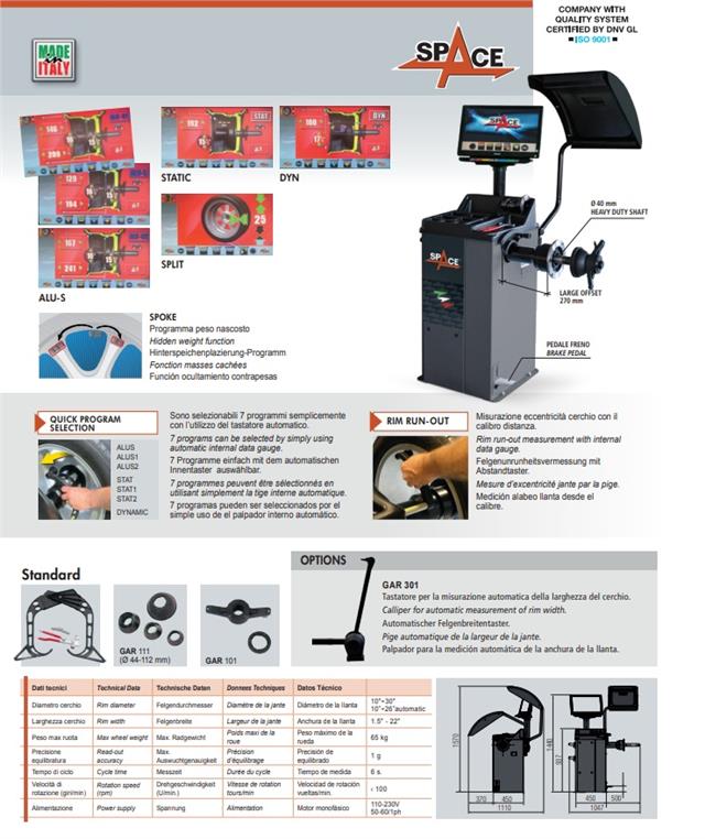 "Mašina za automatsko balansiranje točkova dimenzije 10""-30/10""-26"" sa TFT monitorom SPACE"