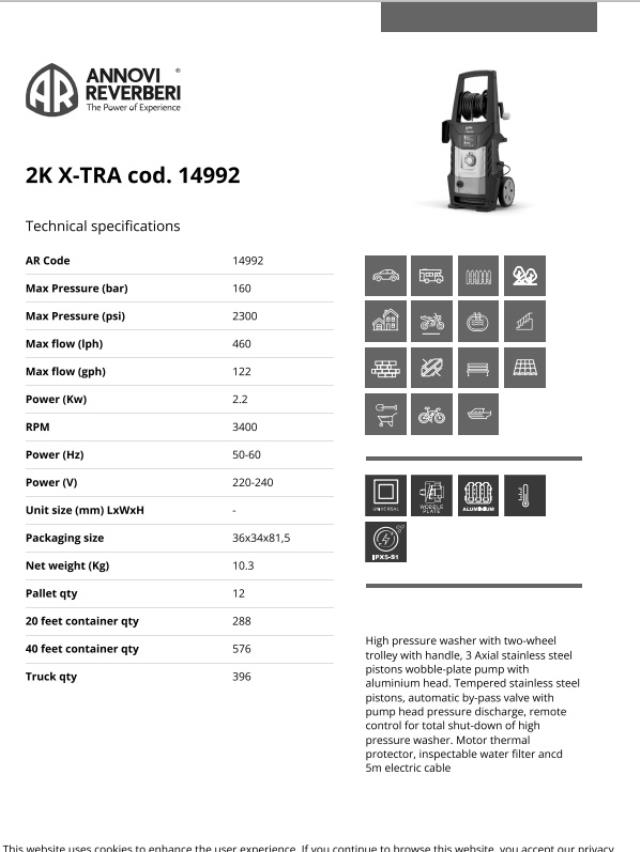 Mašina za pranje pod visokim pritiskom 2,2kW 160 bara 460l/h 2K X-TRA  ANNOVI REVERBERI