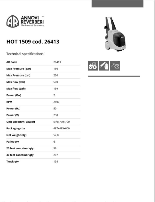 Mašina za pranje pod visokim pritiskom toplo/hladno 2,5 kW 150 bara 500i/min HOT 1408-1509