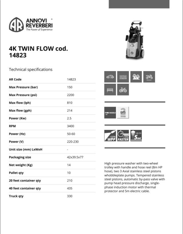 Mašina za pranje pod visokim pritiskom 2,5 kW 150 bara 810l/h 4K TWIN FLOW  ANNOVI REVERBERI